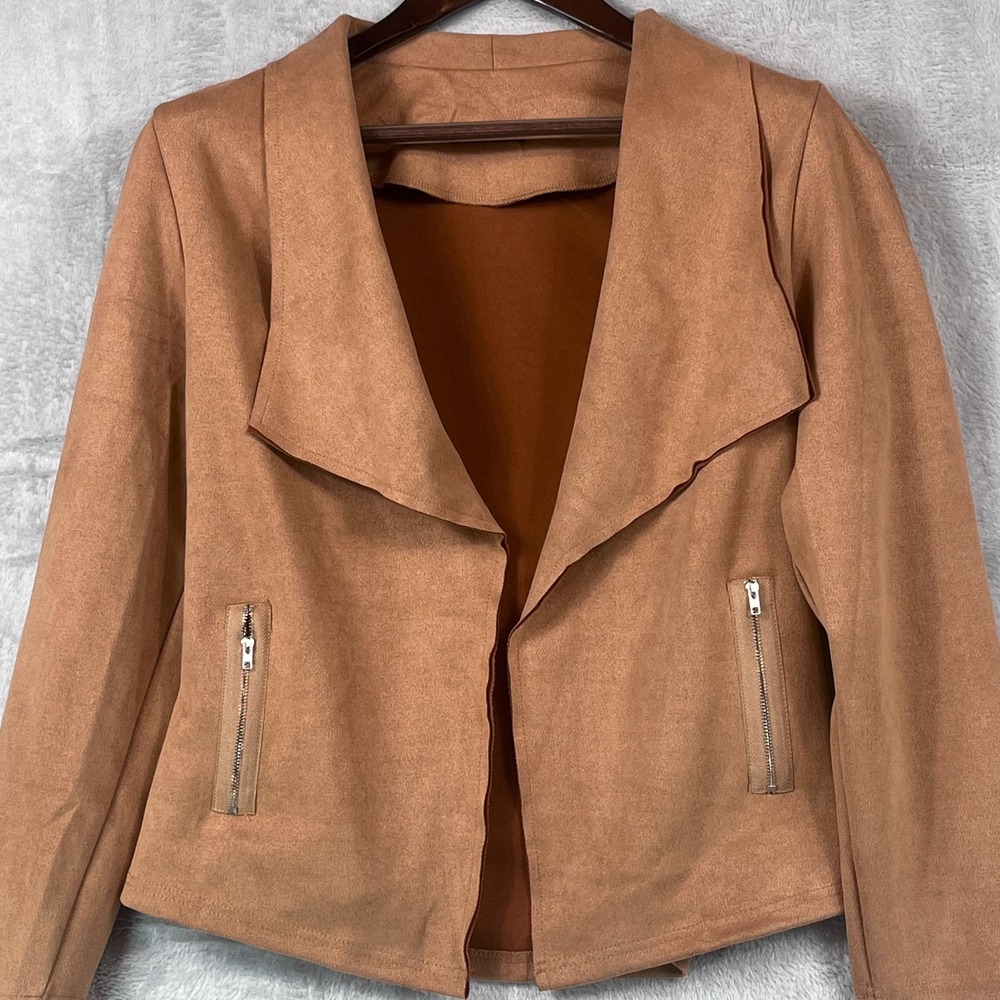 PrettyGarden Women M Camel Open Front Faux Suede Jacket Draped Waterfall Brown